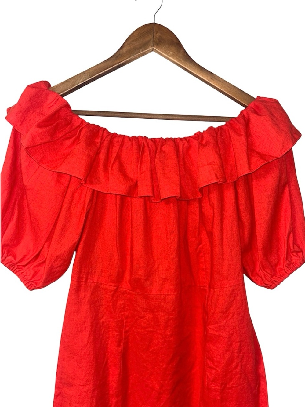 NEW H&M Linen Cotton Blend Red Orange Off Shoulder Mini Dress Summer Size Medium - Picture 3 of 7